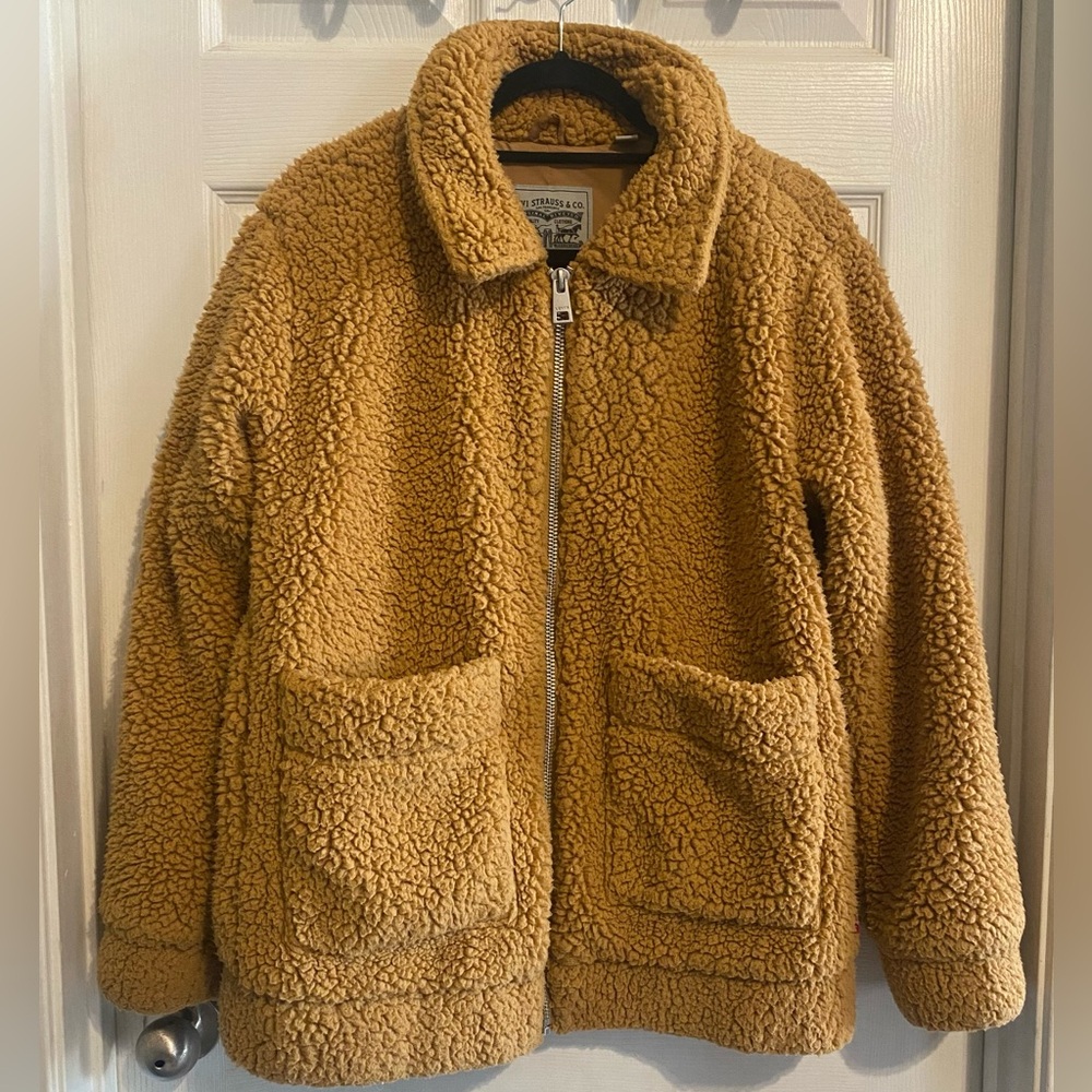Levi's Sherpa Mid Length Zip Front Lined Teddy Jacket Large Camel Color